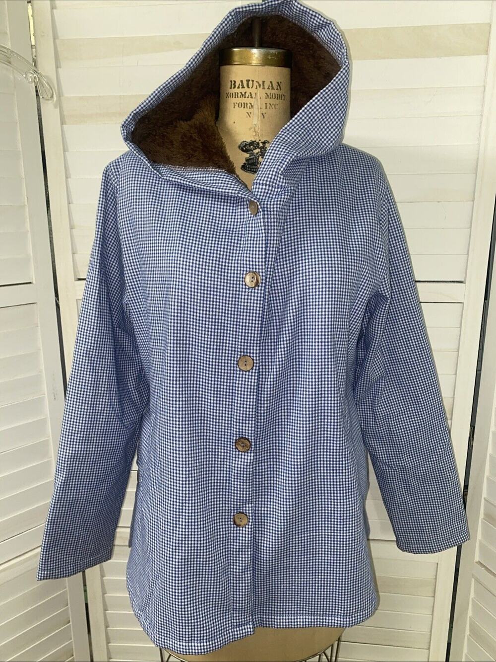 Misslook Hooded Jacket Blue White Gingham Check w/ Faux Fur Lining - Size Large
